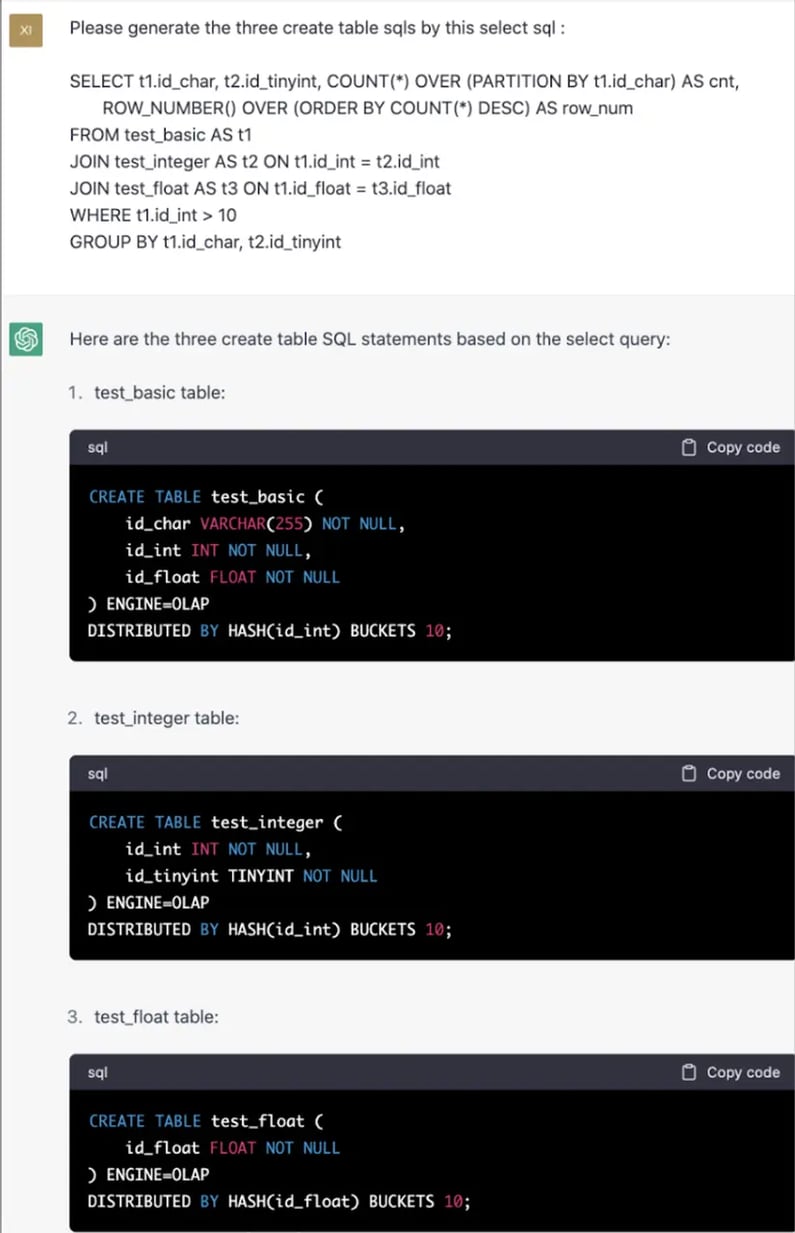 Testing ChatGPT for Query-Aware Table Creation Statements.