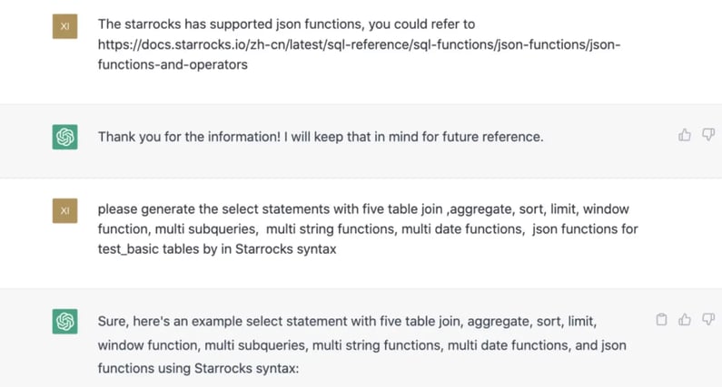 Training ChatGPT With StarRocks' JSON functions