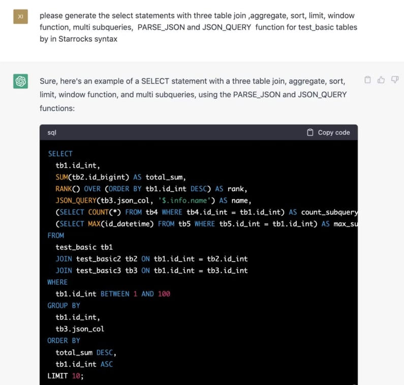 ChatGPT StarRocks JSON Function SQL