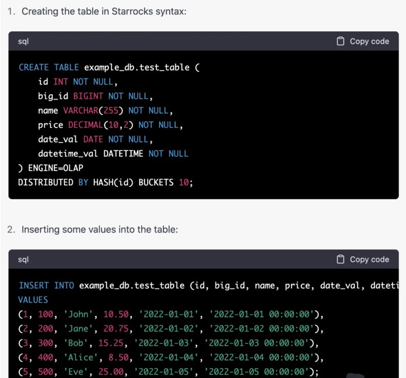 ChatGPT Generates Tables Using StarRocks Syntax